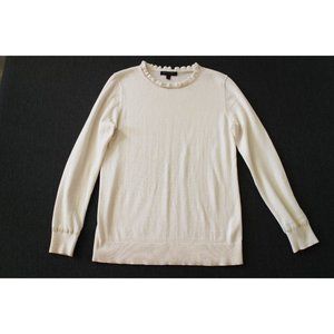 Banana Republic Ruffle Neckline White Shimmer Long Sleeve Pullover Sweater Sz S
